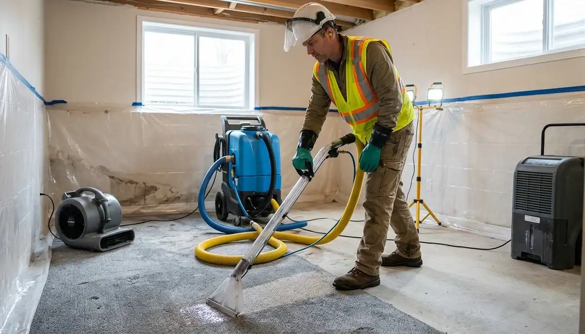 Water extraction crew removing standing water from a home in Lehigh Acres, FL